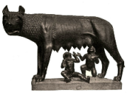 sculpture of the mythical wolf who raised romulus and remus